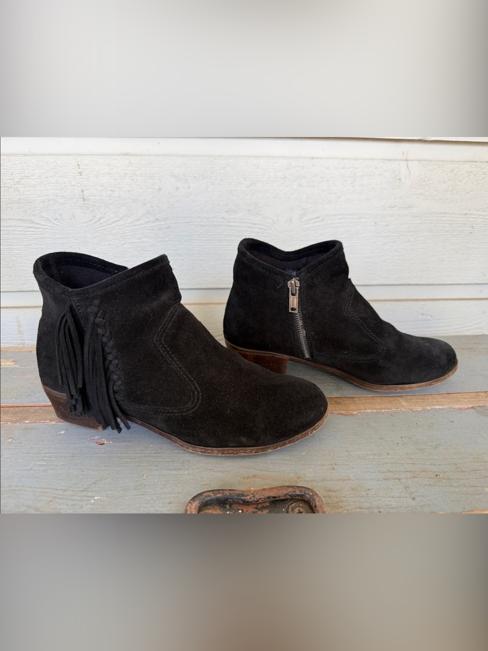 Minnetonka Black Suede Ankle Booties with Fringe